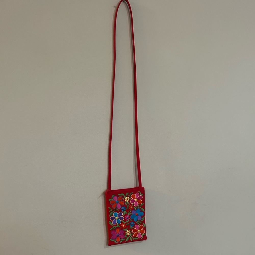 Small Red Crossbody Purse with Colorful Floral Embroidery 7” x 5”